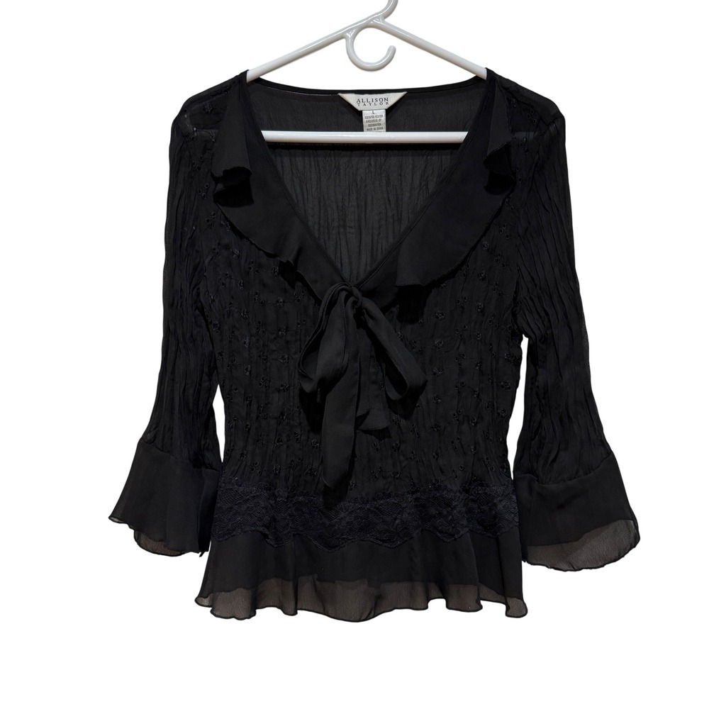 Allison Taylor Sheer Black Crinkle Eyelet Lace Ruffle Blouse L Whimsygoth